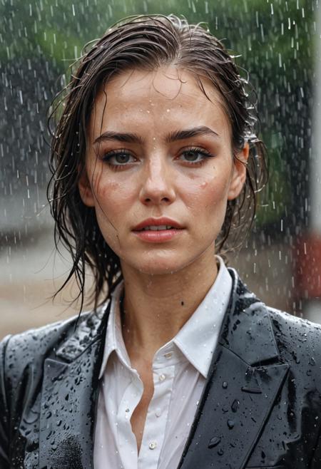 best-details, best-quality, picture-perfect,
portrait photo of a pretty business woman wearing a suit  while raining, soaking wet, (ruined make-up:1.2), ruined eye-liner ,wet hair, wet clothes, real skin texture, real clothing textures, amateur lightening, shot with iphone