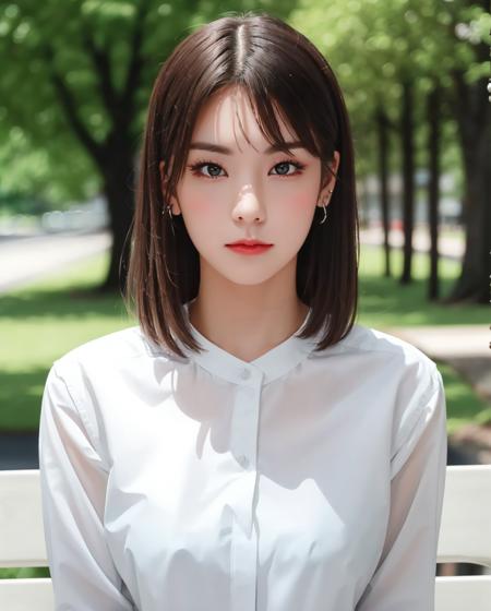 best quality, photorealistic, 8k, high res, full color, 1girl, woman, 20 years old woman, (closed mouth:1.73), (skindentation), (portrait:0.6), trees, park bench, daylight, ((park background:1.52)), full color, ((whiteshirt:1.58)), looking at viewer:1.8, (1girl eyes looking at viewer:1.55), (medium hair, brownhair, partedbangs:1.45), (bokeh), <lora:AAW-yeji:0.69>