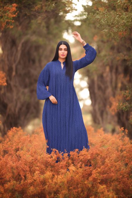 center of view for Full Body Shot Of { Smiling Arabic  hejab  tattoos hand face female 25 yo. with blue eyes,clothes color yellow,pink, blue,red  ((green trees )),(( Arabic tattoos on their ((face and her cheeks)))), Wearing  ((Shirtdress )) (Fashion Shoot Style), (((front to camera))), Dynamic Posing, detailed Arabic  face, ((aspiring facial expression)), Light Brown hair, ultra-detailed photograph, cinematic lighting, a rtstation, 4k, sharp focus, high resolution, detailed skin, detailed eyes, volumetric light,by dishdasha   style, American shot