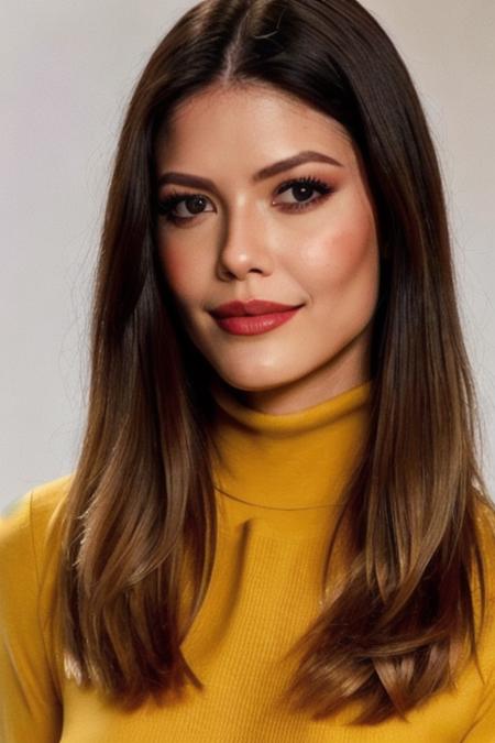 Photo of beautiful v1t0r1a5tr4d4 woman, detailed face, (blurred background)+, yellow turtleneck blouse, analog film grain, makeup+