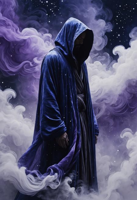 A solitary figure, shrouded in deep indigo robes, stands against a backdrop of turbulent ink-wash clouds streaked with soft lavender and smoky gray. Their face is partially obscured by a flowing hood, with only piercing silver eyes illuminated by a faint, otherworldly glow. Delicate brush strokes capture the intricate folds of their garment, which ripple as if caught in an unseen wind. Subtle patterns of stars and constellations are etched faintly into the fabric, blending into the swirling textures of the composition. The use of negative space and luminous highlights enhances the enigmatic, dreamlike quality of the portrait