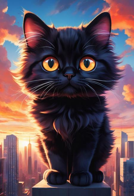 A captivating illustration of a ((cute cat)) with ((huge)) ((oversized)) ((manga-style eyes)), feline is gazing very longingly into the camera lens. The cat's fluffy fur contrasts with its sleek black attire, and it sits on a transparent cloud, as if levitating above the ground. The background showcases a vibrant cityscape with towering skyscrapers and a dramatic sunset, creating a delightful mix of urban and whimsical elements, from above