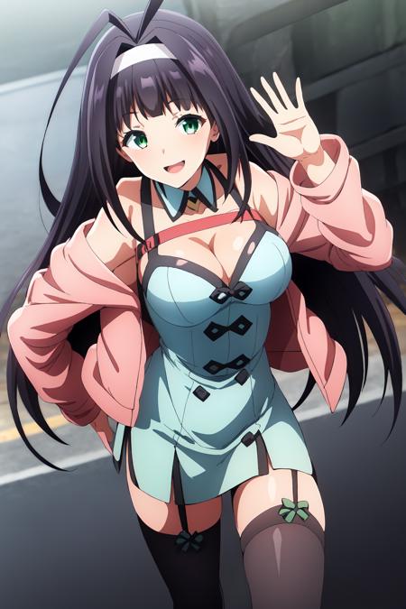 1girl, solo, long hair, breasts, looking at viewer, smile, open mouth, black hair, thighhighs, dress, cleavage, medium breasts, green eyes, jacket, hairband, white hairband, waving, pink jacket, green dress, sumire_mochinoki, smile, perfect anatomy, pose