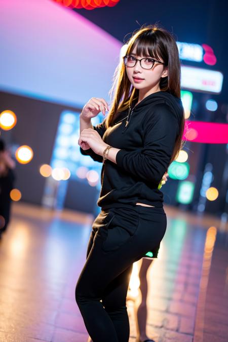 aliga, (8k, RAW photo, best quality, masterpiece:1.2), (realistic, photo-realistic:1.37), best quality, ultra high res,  professional lighting, photon mapping, radiosity, physically-based rendering, cinematic lighting, 1girl, ((glasses)), hoodie, sweatpants, naughty face, cute, laughing, happy, (Kpop idol), (aegyo sal:1), long black hair, bangs, ((puffy eyes)), looking at viewer, posing, full body, medium breasts, busty, cityscape, night, a woman, (bokeh:1.4),  <lora:aliga_v1:0.8>