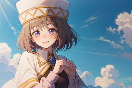 masterpiece, best quality, 1girl, solo, (priest clothes: 1.2), hat, smile, close up, outdoors, cumulonimbus capillatus, <lora:IsekaiOjisan-Alicia-release-1.0:0.65>