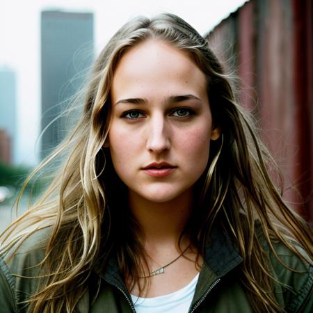 RAW photo, a close up portrait photo of leelee sobieski in wastelander clothes, long haircut, pale skin, slim body, background is city ruins, (high detailed skin:1.2), 8k uhd, dslr, soft lighting, high quality, film grain, Fujifilm XT3 <lora:leelee sobieski v1.0:0.7>