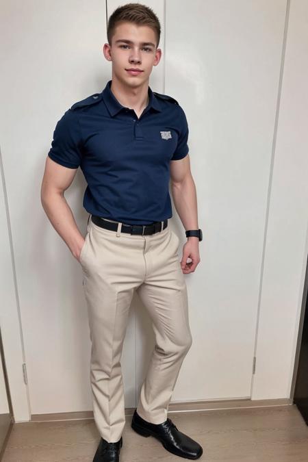 realistic, sfw, an attractive 18 years old fit caucasian boy standing, smug, full body shot, police uniform, <lora:danielmodel_lora:0.7>, danielmodel,