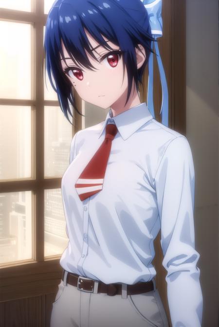 seishiroutsugumi, <lora:seishirou tsugumi s2-lora-nochekaiser:1>,
seishirou tsugumi, short hair, (red eyes:1.3), bow, blue hair, hair bow, mole, mole under eye, blue bow,
BREAK blazer, shirt, long sleeves, white shirt, necktie, collared shirt, belt, pants, red necktie,
BREAK indoors, classroom,
BREAK looking at viewer, (cowboy shot:1.5),
BREAK <lyco:GoodHands-beta2:1>, (masterpiece:1.2), best quality, high resolution, unity 8k wallpaper, (illustration:0.8), (beautiful detailed eyes:1.6), extremely detailed face, perfect lighting, extremely detailed CG, (perfect hands, perfect anatomy),