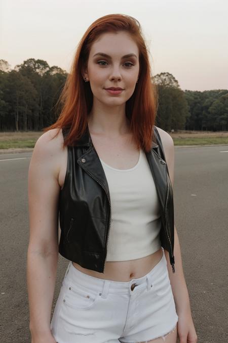 <lora:EvyDodl-000001:0.8> sweaty, cute girl, photograph, evydodl, 1girl, redhair, (slender body), (wearing makeup), (wearing leather jacket, and a white tank-top), ((half-length portrait)),standing pose, outdoors, perfect composition, High Detail, absurdres, perfect lighting.<lora:lcm-lora-sdv1-5:1.0><lora:lcm-lora-sdv1-5:1.0>