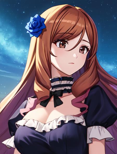 best quality, masterpiece, highres, detailed, digital artwork, <lora:Detail - add_detail:0.2>, QuelleSellier, two-tone hair, brown hair, purple hair, brown eyes, head flower,  blue rose, <lora:Character - QuelleSellier:0.6>, night sky, large breasts, black frilled choker,