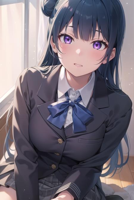 yoshikotsushima, <lora:yoshikotsushima-lora-nochekaiser:1>, 
yoshiko tsushima, blue hair, hair bun, (purple eyes:1.1), single side bun, bangs, long hair, (small breast:1.2),
BREAK bow, bowtie, buttons, grey skirt, long sleeves, pleated skirt, school uniform, serafuku, skirt, uranohoshi school uniform, yellow bow, yellow bowtie, sleeveless,
BREAK looking at viewer, 
BREAK indoors, classroom,
BREAK <lyco:GoodHands-beta2:1>, (masterpiece:1.2), best quality, high resolution, unity 8k wallpaper, (illustration:0.8), (beautiful detailed eyes:1.6), extremely detailed face, perfect lighting, extremely detailed CG, (perfect hands, perfect anatomy),