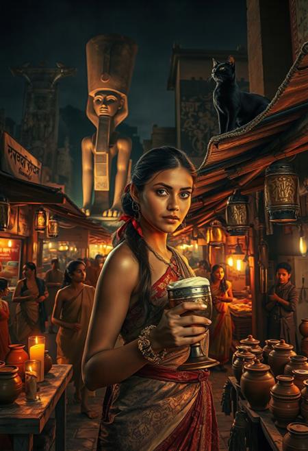 Setting is ancient Indian street market at night, ((all writing is in Indian hieroglyphs)), ((all lighting is by candles, and flame torches,  the market is comprised of street vendors selling food, weapons, and clothing. People wearing Ancient Indian clothing are walking through the street market shopping and eating, A sleek black cat (Bastet) with red collar sits on a nearby wooden roof at a market kiosk. Behind the a kiosk counter are clay containers of Indian beer, (((a beautiful woman, 24 years old, is standing in the foreground facing the viewer with a metal goblet of beer in her hand. Her eyes are beautiful and focused on the viewer, she has an expression of interested curiosity))), the woman is dressed in Ancient Indian style clothing combining a sexy and classic Ancient Indian aesthetic. Enormous Ancient Indian statues and temples are visible in the background and around the scene and smaller statues and Ancient Indian architecture is prevalent in the market, The woman's hair is elegantly tied up with a ribbon. Artistic Ancient Indian aesthetic, dynamic perspective, (((overall architectural aesthetic is Ancient Indian))).  Epic image that elicits a feeling of wonder and awe,