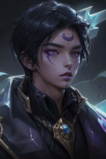 1 boy, black hair, Aphelios, facial mark, purple facial scar under mouth