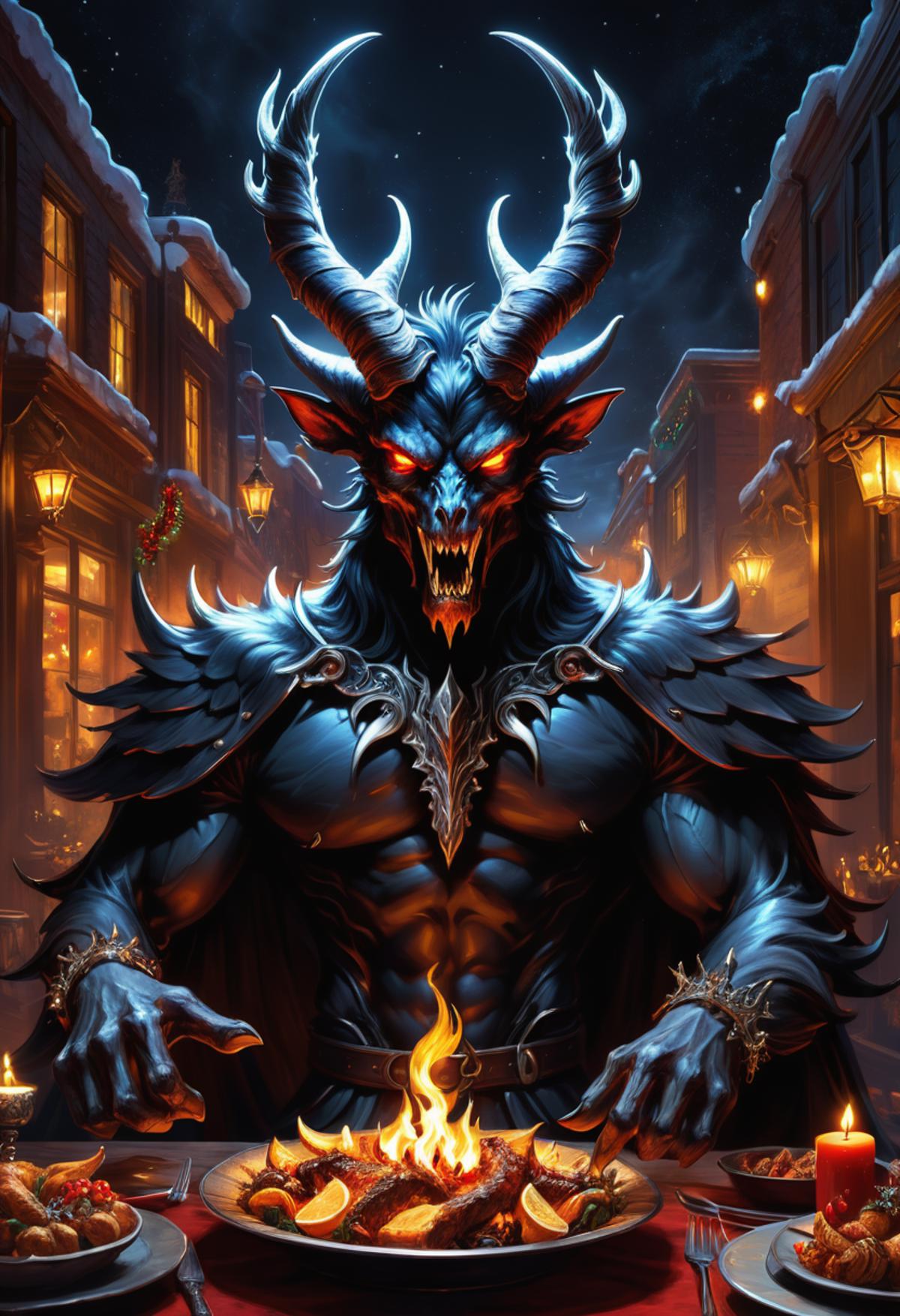 The Demon King with Horns and a Fire in His Hand