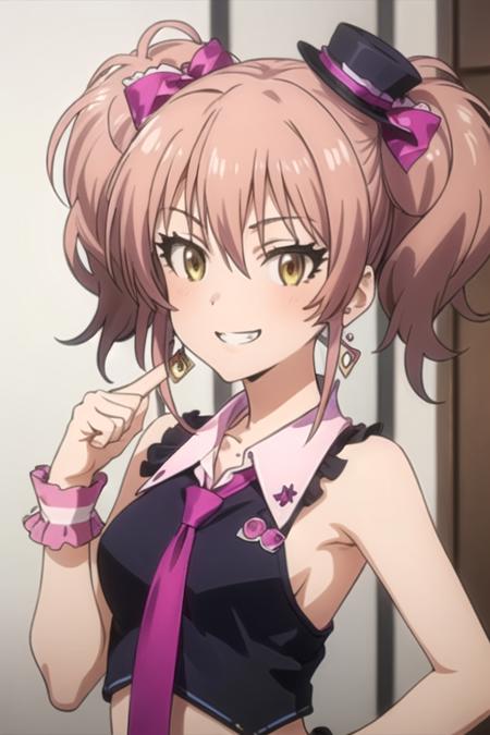 (((pixel-perfect, detail-perfect))), solo, 1girl, <lora:mika-idolmaster-01:0.7>, mika jougasaki, twintails, hat, earrings, necktie, grin, looking at viewer