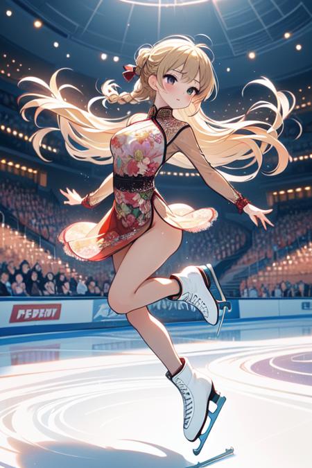 flying spin motion blur spiral lines dancing on grand ice skating exhibition raise shoe raise arm floral print lace dress sleeves cinematic light countless crowd wind night