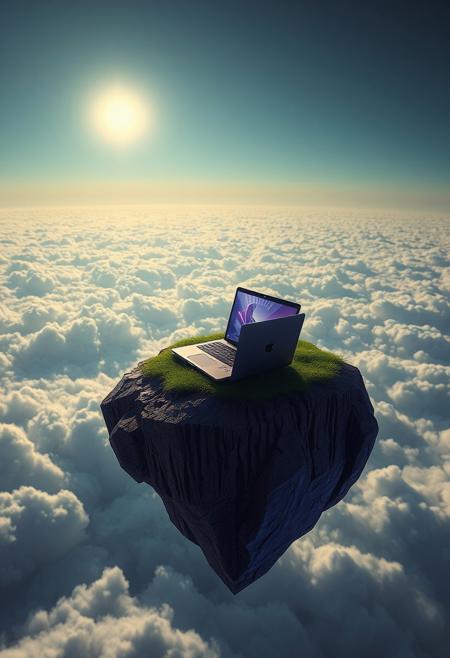 dystopian vibe, floating above the clouds, infinite geometry in floating rock, brutal edges, stark lighting from sunlight, (disjointed anatomy:-1.3), rock,laptop, vibrant, floating island, (soft lighting:-1.2), (smooth surfaces:-1.4), exaggerated geometric laptop design, (noisy:-1.1), photorealism, intricate fractal structures, (overloaded multichromatic colors:1.6), (polished:-1.3), high resolution, intersecting planes of grass, recursive shapes in island landscape, psychedelic tones, sharp and jagged terrain, multichromatic colors, (emphasis on sharp geometric laptop and island forms:1.6), sculptural appearance, fractured island geometry, (low quality:-1.2), rigid structure, neon glow from digital display, (ugly:-1.3), minimal details, interlocking polygonal patterns, and laptop, fragmented grass and dirt, primal aesthetic, raw, (overly ornate:-1.5), (bad composition:-1.3), (cartoonish:-1.1), (blurry:-1.2), angular geometric rock formations, unsettling, saturated hues