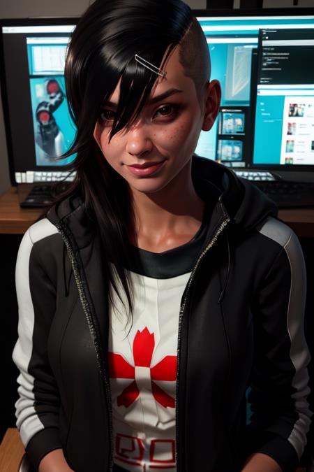 Rinko, brown eyes, hair to side, shaved head, hairclip, 
black jacket, black pants, white undershirt with red logo, 
standing, upper body, facing viewer,  smile, 
computer desk, cyberpunk,  sitting, 
(insanely detailed, masterpiece, best quality),
solo,  <lora:Rinko:0.7>