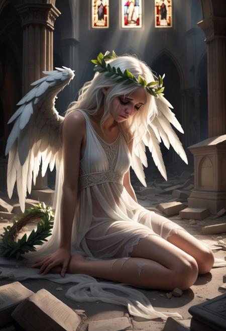 (masterpiece), (best quality), photorealistic, art, sharp focus on face, full body, 
intricate eyes, perfect, beautiful, bare legs, soft clothes, fallen angel, crying, heartbreaking, white hair, laurel wreath, transparent clothes, 
death, haze light, heavenly, cinematic, background with depth, art, ruined church,