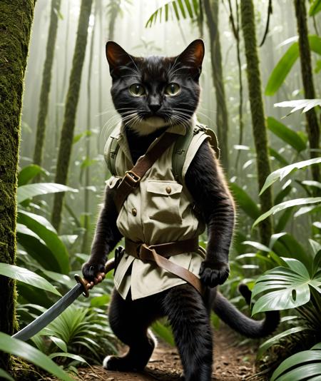 cinematic film still, adventurer cat, dense jungle, holding a machete