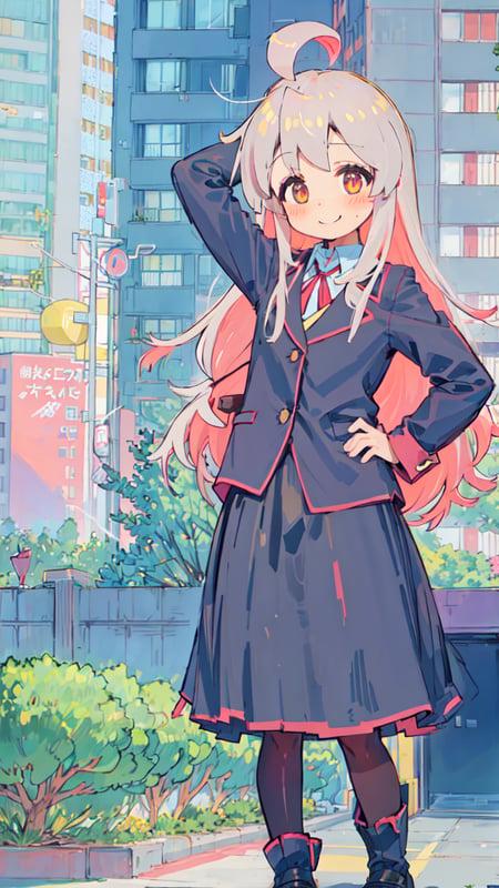 1girl, full body, straight-on, arm behind head, hand behind head, arm up, standing, bangs, looking at viewer, ahoge, long hair, blush, (school uniform), blue shirt, layered skirt, blue skirt, (long skirt: 1.1), red ribbon, long sleeves, white legwear, pantyhose, brown uwabaki, light smile, solo, bare tree, building, city, cityscape, day, outdoors,  skyscraper, street, tokyo \(city\), tree