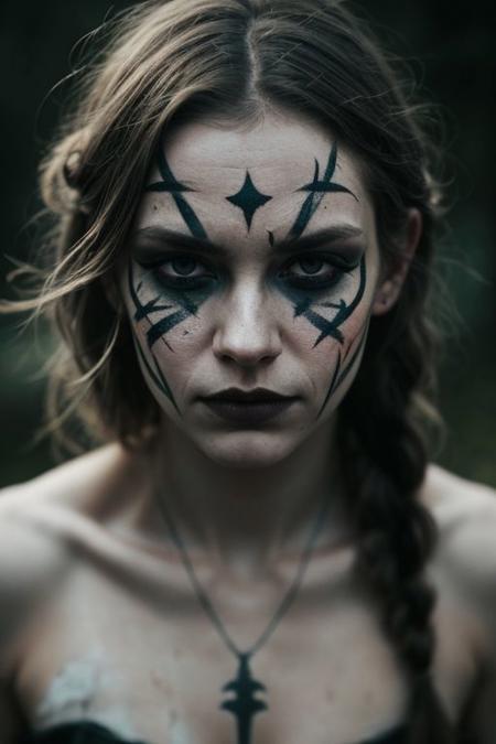 Horror-themed (extreme close shot of eyes :1.3)  of nordic woman, (war face paint:1.2), mohawk blonde haircut wit thin braids, runes  tattoos, sweat,  (detailed dirty skin:1.3) shiny, (epic battleground backgroun :1.2),   . analog, haze, ( lens blur :1.3) , hard light,  sharp focus on eyes, low saturation, by ilya kuvshinov and flora bosil  <lora:add_detail:0.7> 
 . Eerie, unsettling, dark, spooky, suspenseful, grim, highly detailed