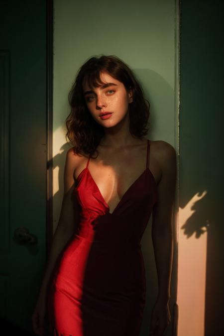 analog film photo, (full-body shot), spotlight, silhouette, dark theme, a beautiful 19 years old girl, (Ana de Armas:Billie Eilish:0.7), petite, pale skin, blush, dark curly hair, bangs, green eyes, BREAK looking at something off camera, (wearing a revealing red dress:1.3), (at a house party), deep shadows, dark lighting, (Kodachrome:1.2), 85mm, film grain, faded photo, bokeh, sharp focus, <lora:breastsizeslideroffset:-0.2>, <lora:spotlight:0.8>,  <lora:picxer_real:1>