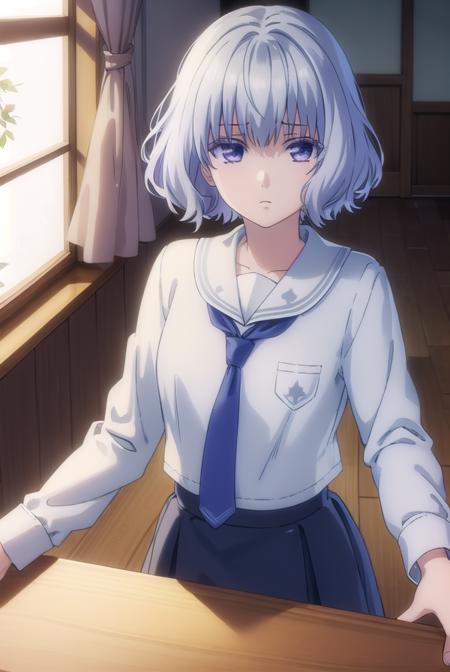 nanamishiranui, <lora:nanami shiranui s1-lora-nochekaiser:1>,
nanami shiranui, short hair, bangs, (purple eyes:1.1), grey hair, mole, mole under eye,
BREAK skirt, long sleeves, school uniform, necktie, serafuku, sailor collar,
BREAK indoors, classroom,
BREAK looking at viewer, (cowboy shot:1.5),
BREAK <lyco:GoodHands-beta2:1>, (masterpiece:1.2), best quality, high resolution, unity 8k wallpaper, (illustration:0.8), (beautiful detailed eyes:1.6), extremely detailed face, perfect lighting, extremely detailed CG, (perfect hands, perfect anatomy),