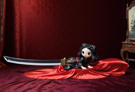 score_9, score_8_up, score_7_up, score_6_up, cartoon, ,CreepyCuteMagical , 
ceramic katana, laying on red silk dress, 
victorian bedroom background,
, dark theme,