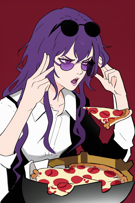 <lora:Kafka:1>, kafka, purple eyes, purple hair, long hair, sunglasses, eyewear on head, pizza, ManLevitatingPizza,  <lora:ManLevitatingPizza:1>