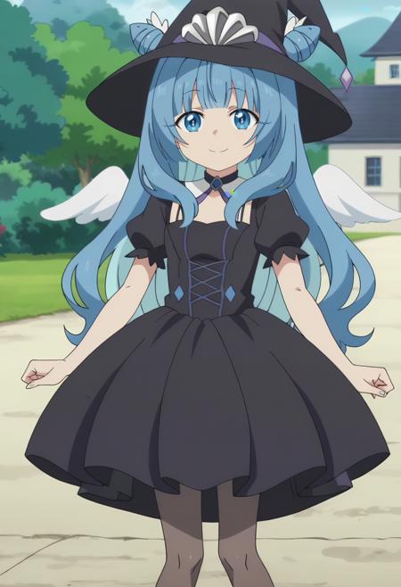 Sylphy,  1girl, blue eyes, blue hair,  long hair, wings,double bun,   hair bun, solo