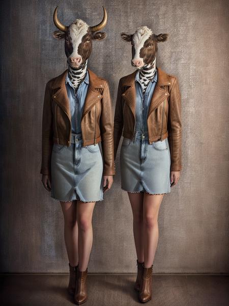 <lora:AnimalClothes:1>a cow wearing a leather jacket and a denim skirt