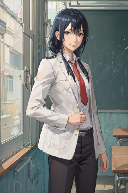 (masterpiece, best quality:1.2), <lora:beelzebub_kunieda-10:0.7>, cowboy shot, solo, 1girl, kunieda aoi, smile, looking at viewer, hand in own hair, blue hair, school uniform, blazer, necktie, pants, classroom