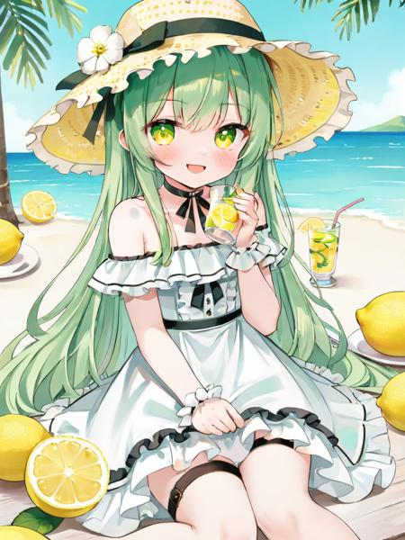 1girl,solo,hat,white flower,flower,long hair,lemon,holding,very long hair,smile,fruit,hair between eyes,dress,bangs,wrist cuffs,bare shoulders,lemon slice,:d,bow,green eyes,looking at viewer,white dress,food,sitting,water,blush,feet out of frame,knees up,polka dot,holding cup,open mouth,cup,frills,off shoulder,choker,green hair,hat bow,thigh strap,brown headwear,straw hat,collarbone,sun hat,nail polish,hat flower,off-shoulder dress,ice cube,frilled dress,black choker,yellow eyes,