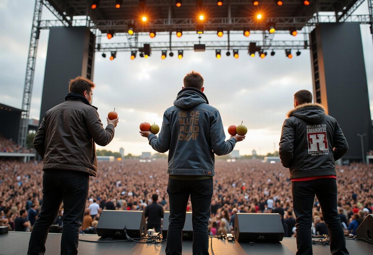 musicians holding fruit in their hands, standing on a stage at a rock concert, looking confused. image of rock band holding fruit and NOT instruments on a stage. hd gopro footage