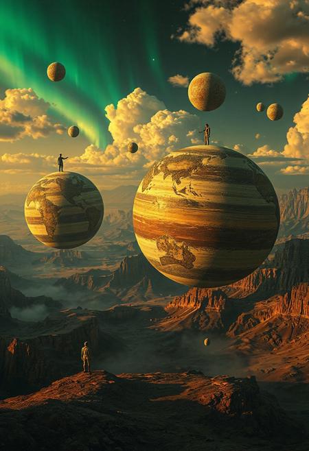 surreal landscape with enormous planets having miniature human bodies attached, Renaissance-inspired anatomical precision, planets with diverse geographical features in earthy tones, golden hour lighting creating long shadows, cosmic atmosphere with aurora borealis effects, floating asteroids, macabre whimsical mood, photorealistic rendering with fantastical elements, composition with strong foreground interest and vast scale contrast, inspired by René Magritte and James Gurney, lens flare highlights, volumetric fog, detailed textures, intricate cloud formations, 8K quality