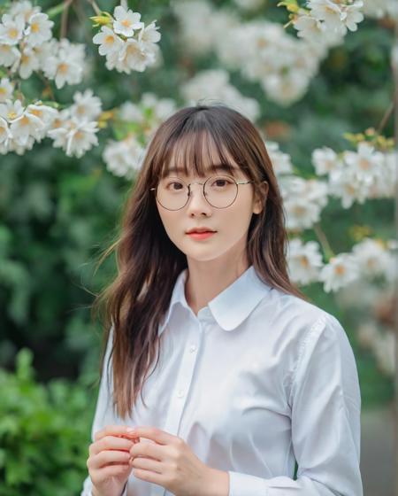 (best quality:1.4), (ultra highres:1.2), (photorealistic:1.4), (8k, RAW photo:1.2),(portrait shot:1.3), pinomyim, 1girl, solo, looking at viewer, bangs, brown hair, full body, outdoors, blurry background, realistic, glasses, round eyewear, realistic, Perfect Hands, white shirt, flower, long hair, <lora:neg4all_bdsqlsz_xl_V7:0.8>, <lora:Perfect Hands v2:0.8>, <lora:pinomyim-000050:0.5>