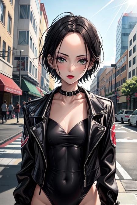 1girl, (masterpice:1.3), highres, high-detailed, high quality, (solo), 4k, cg, pixiv, (perfect face and eyes), detailed face, dynamic light,  intense shadows, intricate_details, nana,short hair, black hair, jewelry, green eyes, earrings, collar, makeup, piercing, lipstick, ear piercing,  shirt, city, street, walking, outdoors,  black jacket, leotard, sexy, sensual, <lora:nana_osaki-08:0.7>,  <lora:more_details:0.4>