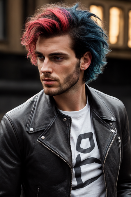 1boy, male focus, solo, solo focus, flamboyant, stubble, facial hair, eyeliner, dynamic angle, rim lighting, curly hair, wild hair, glam rock style, specular highlights, EpicMIx-EmopUNk