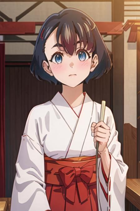 best quality, masterpiece, highres, solo, {white kimono:1.35}, {red hakama:1.35}, {wide sleeves:1.20}, {koganeikoito_edomaeelf:1.15}, short_hair, black_hair, blush, blue_eyes, ribbon, neck_ribbon, blue_hair