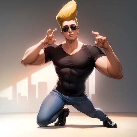 ((masterpiece, best quality)),(complex lighting), solo, full body, 1boy, johnny bravo, dark sunglasses, black shirt,  <lora:johnnyBravo1-10:0.6>, denim pants,