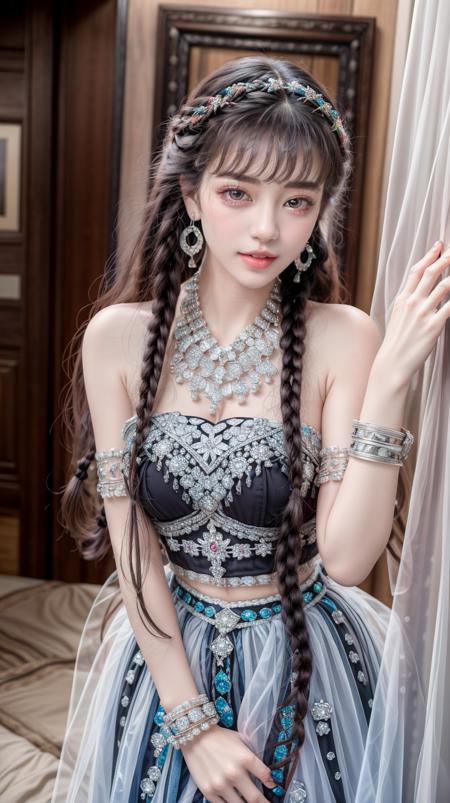 long skirt, flower, twin braids, beads