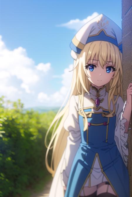 priestess, <lora:priestesss2-lora-nochekaiser:1>, 
priestess, blonde hair, blue eyes, long hair, hair between eyes, (small breast:1.2), smile,
BREAK boots, dress, frilled sleeves, frills, hat, white headwear, pelvic curtain, high heels, robe, thigh boots, thighhighs, white thighhighs, long sleeves, puffy sleeves,
BREAK outdoors, grass, nature, forest, cloud, sky, sun,
BREAK looking at viewer, (cowboy shot:1.5),
BREAK <lyco:GoodHands-beta2:1>, (masterpiece:1.2), best quality, high resolution, unity 8k wallpaper, (illustration:0.8), (beautiful detailed eyes:1.6), extremely detailed face, perfect lighting, extremely detailed CG, (perfect hands, perfect anatomy),