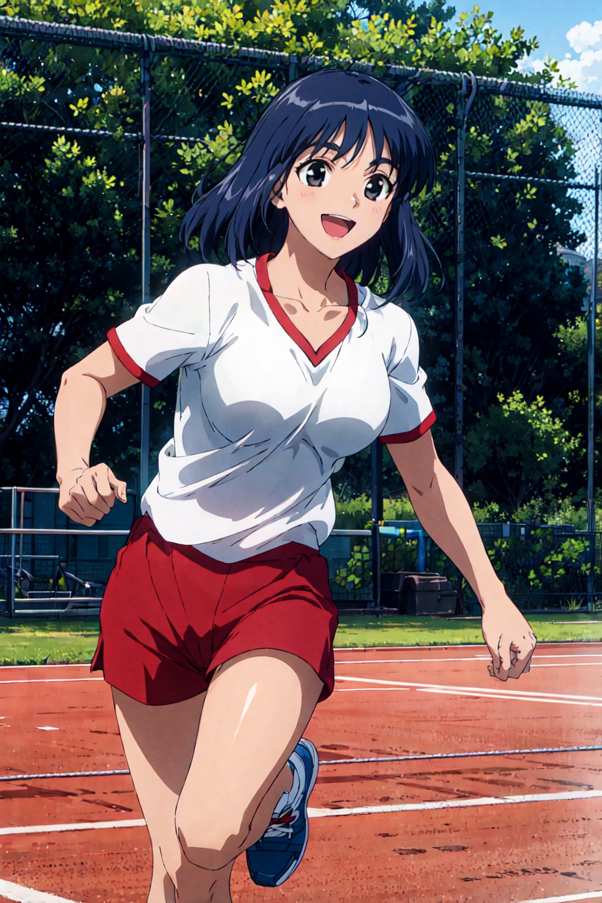 , best quality, masterpiece,suoumikoto, 1girl, solo, open mouth, blue hair, gym uniform, smile, black eyes,  ,  red shorts...