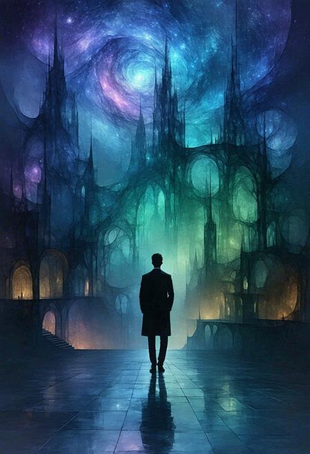 Ephemeral human silhouette, composed of swirling starlight particles and forgotten whispers, gazes not outward, but into a vast, multi-layered cityscape woven from liquid temporal distortions and fractured stained glass. Impossible Escher-esque architecture folds upon itself under localized gravity fields. Style: Surrealism of Remedios Varo meets the intricate biological geometry of Ernst Haeckel, rendered with ethereal, volumetric light shafts. Atmosphere of profound solitude, lucid dreaming logic, quiet cosmic horror. Shimmering chromatic aberrations subtly fringe the scene. Vastly different interpretations encouraged.