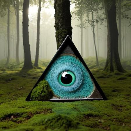 A hyper-realistic painting featuring a three-dimensional blue triangle with human eyes and a mouth, clearly expressing an emotion such as sadness or joy. The triangle should have realistic textures and lighting, making it appear as part of the physical world. It is set in a lush, vibrant forest at dawn, with sunlight filtering through dense foliage, illuminating the moss-covered ground and small wildflowers. Birds and woodland creatures add life to the serene setting. The triangle should blend seamlessly into the environment despite its surreal form, creating a striking contrast between the natural beauty of the forest and the lifelike, anthropomorphic triangle