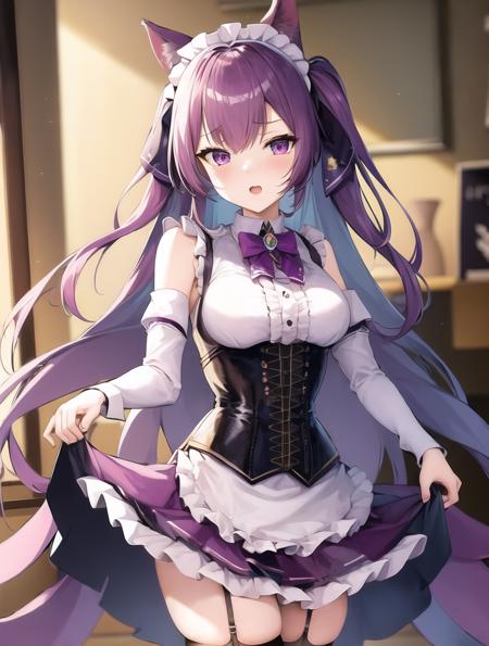 elly 1girl maid purple hair animal ears corset