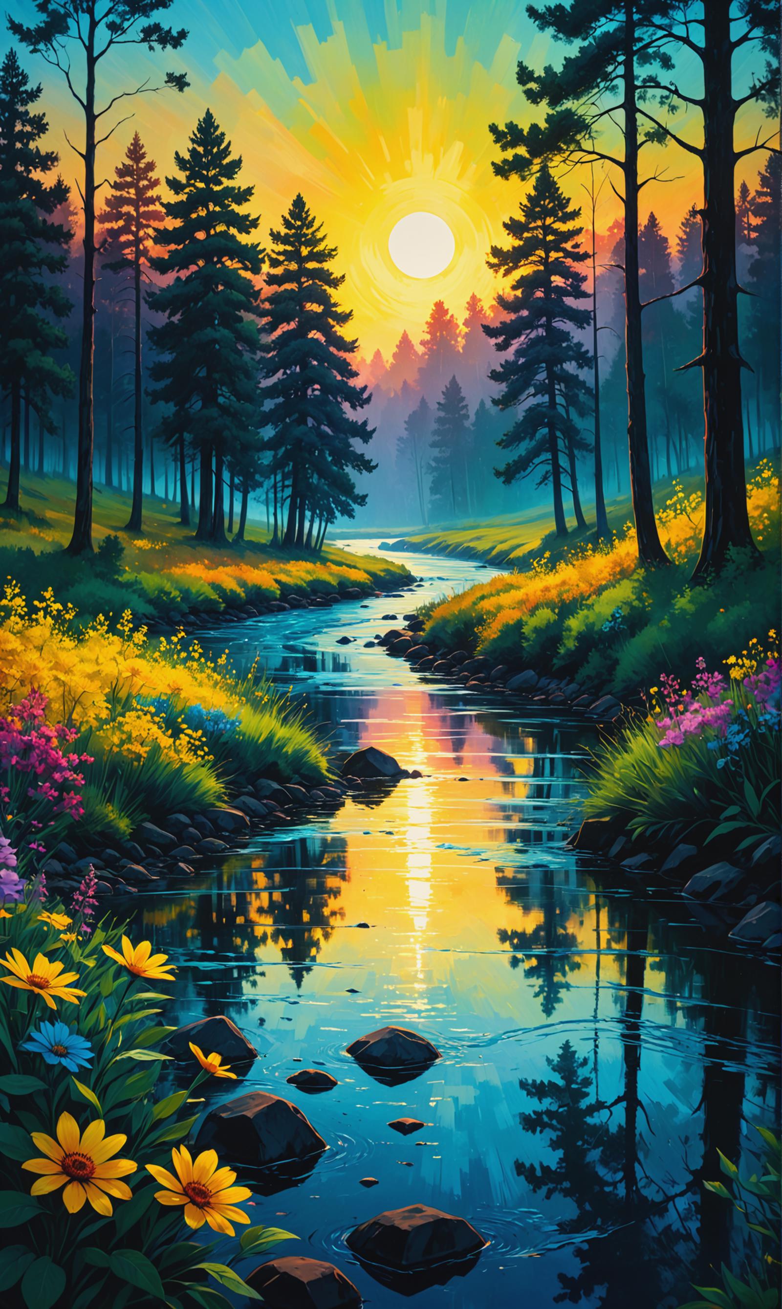A beautiful painting of a sunlit forest river surrounded by trees, flowers, and rocks.