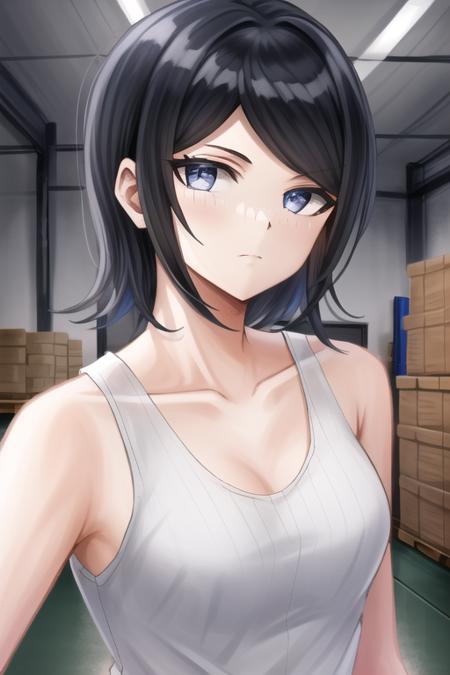 Masterpiece, Best Quality,  <lora:MukuroDG:1>, 1girl, solo, collarbone, looking at viewer, tank top, upper body, black tank top, white background, closed mouth, bare shoulders, indoors, night, warehouse, gloves, dark,