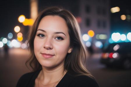 instagram photo, closeup face photo of 18 y.o swedish woman in dress, beautiful face, makeup, night city street, bokeh, motion blur